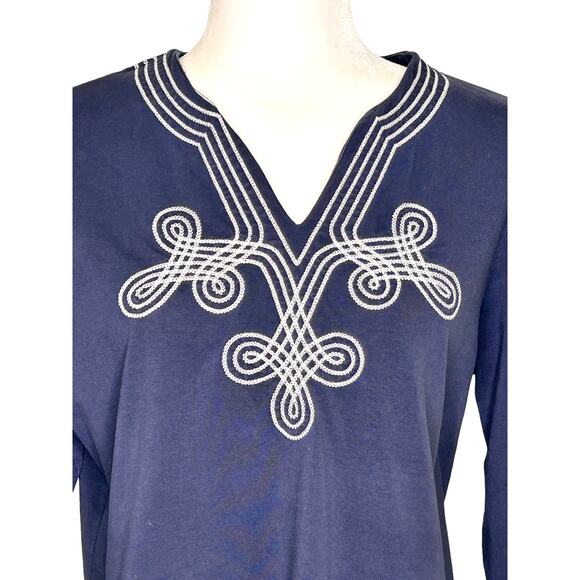 Talbots Navy Blue Embroidered Notched Neck 3/4 Sleeve Tunic Top - Picture 2 of 9